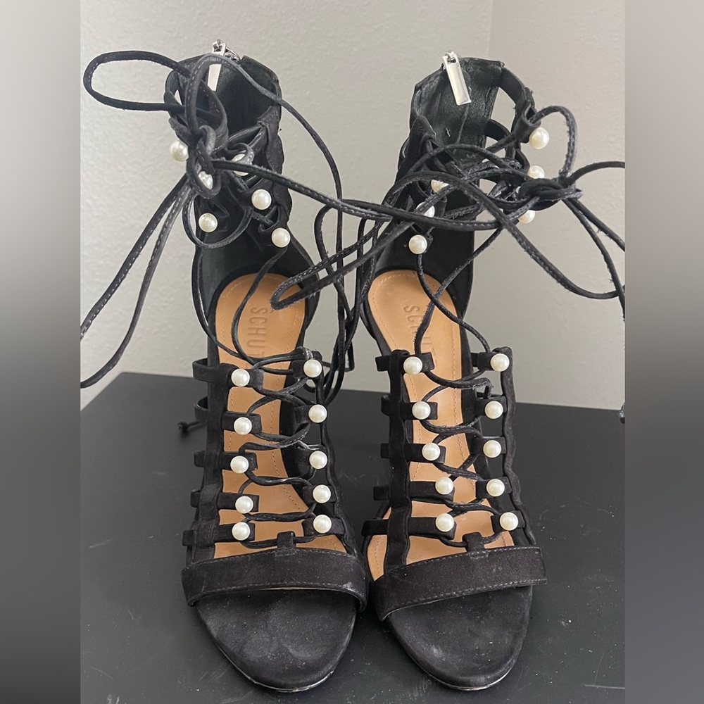 Schutz Heels Black Leather Suede with Pearls Stilettos Size 8.5